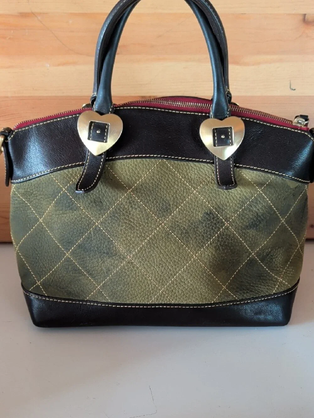 Dooney & Bourke Olive Green Quilted Satchel with Dark Brown Trim, No Strap.🌟🌟
